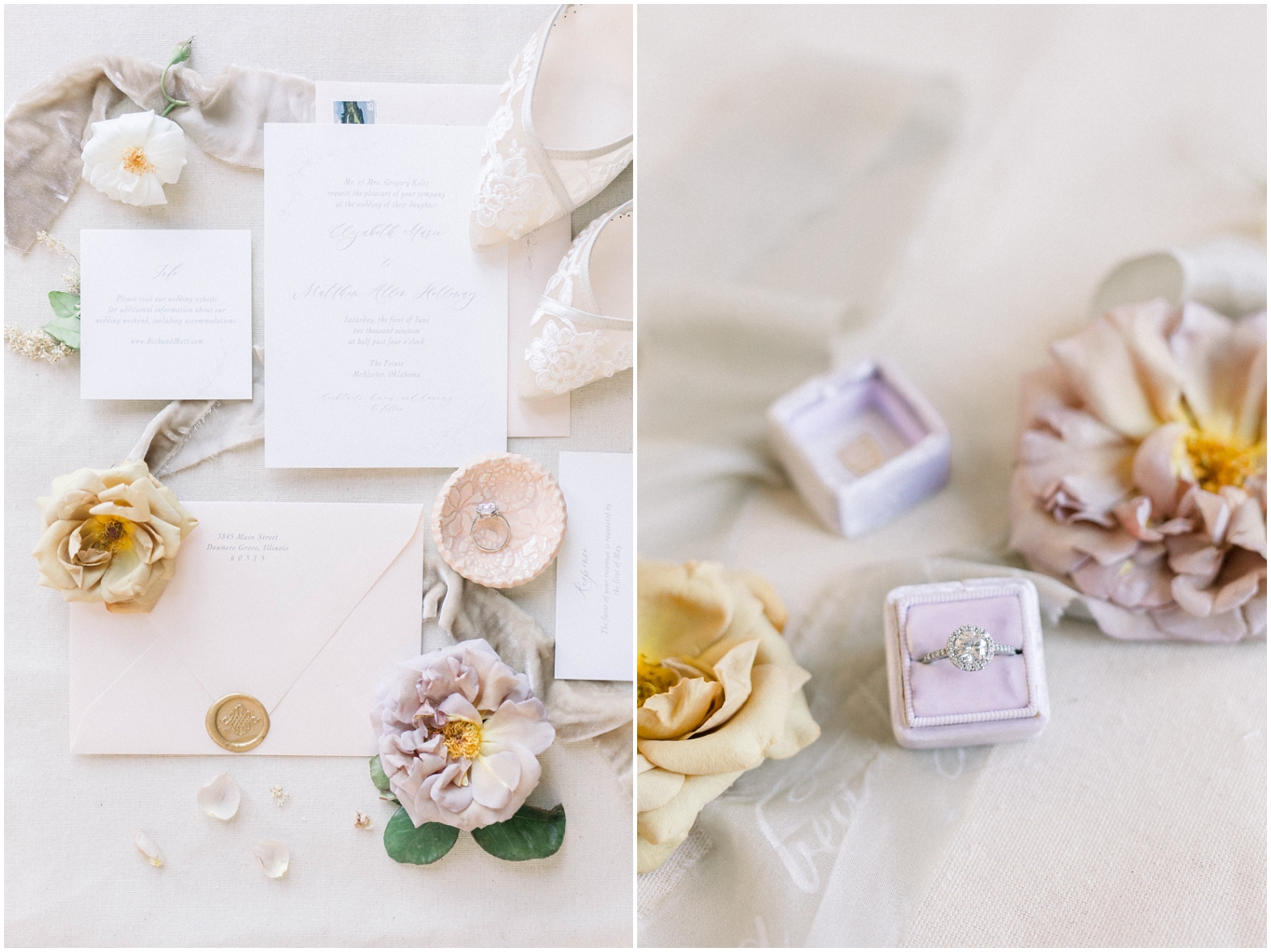 wedding invitation and wedding ring in purple ring Box