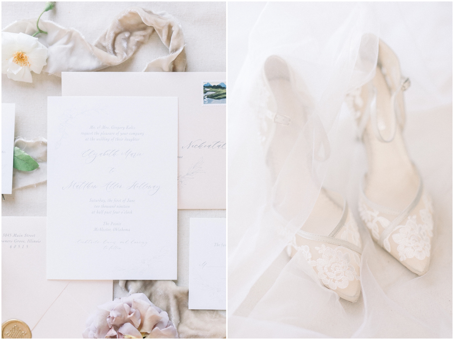 wedding detail photo of shoes and invitation